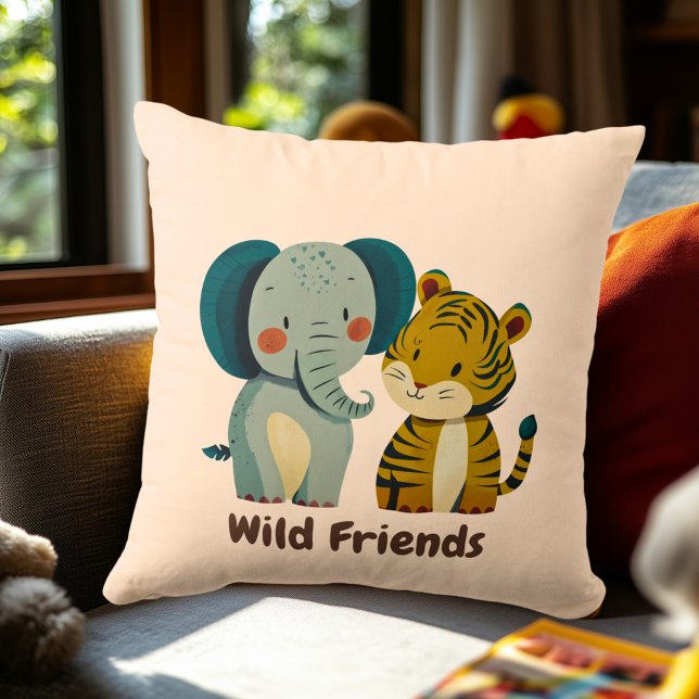Wild Friends Elephant & Tiger | Kids Room Decor Throw Pillow (Creator Uploaded)