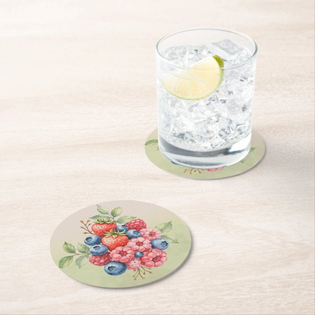 Wild Fruit Strawberry Blueberry Raspberry Round Paper Coaster (Insitu)