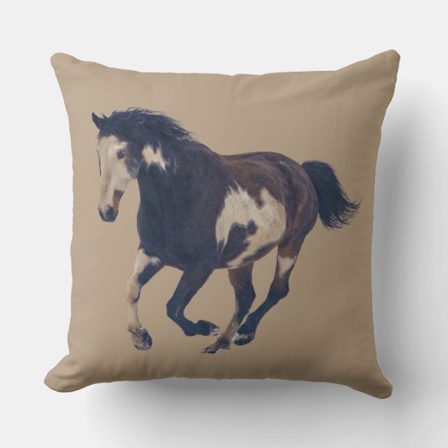 Wild Galloping Pinto American Paint Horse Throw Pillow (Front)
