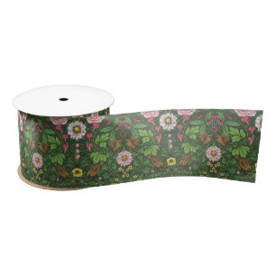 Wild garden in green satin ribbon