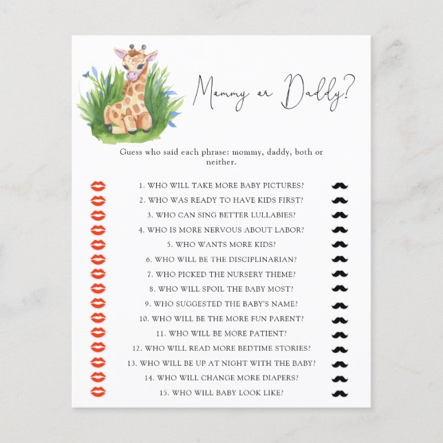 Wild Giraffe - mommy or daddy baby shower game (Front)