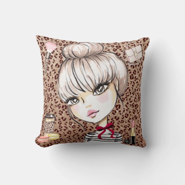 Wild Glam boss girl's Leopard glitter Throw Pillow (Front)