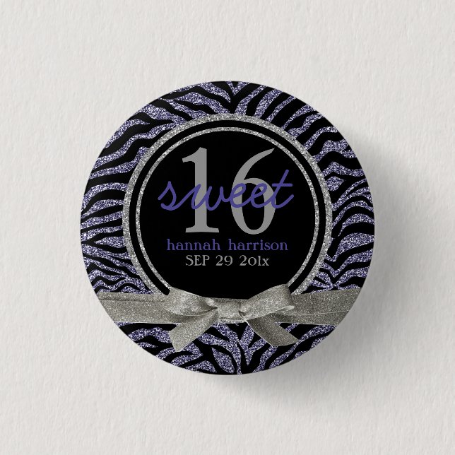 Wild Glitter Look Zebra Sweet 16 1 Inch Round Button (Front)
