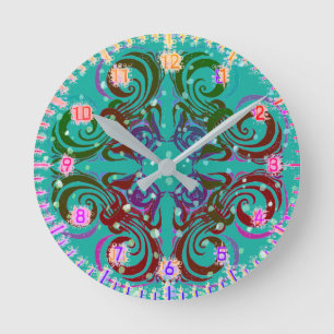 Wild Grapes Curvy Turquoise Green Retro Round Clock