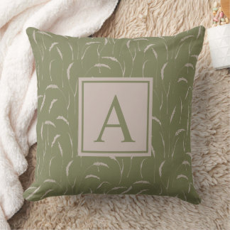 Wild grasses and custom monogram on sage green   throw pillow