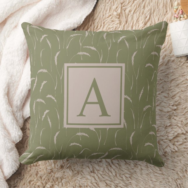 Wild grasses and custom monogram on sage green   throw pillow (Blanket)