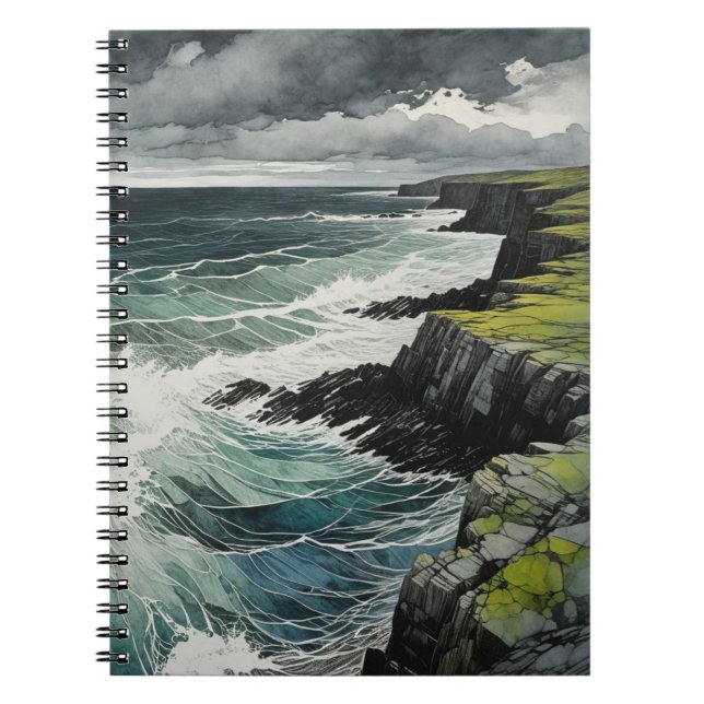 Wild Green with crashing waves Coastline Notebook (Front)