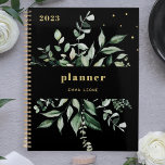 Wild Greenery | Elegant Black  Planner<br><div class="desc">This stylish botanical 2023 planner features a frame of abundant watercolor green leaves on a dark black background with trendy,  elegant gold coloured text and accents.</div>