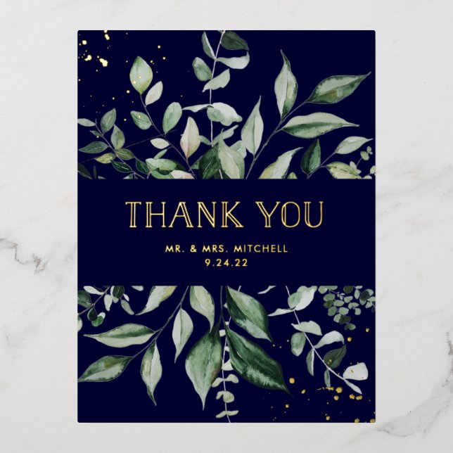 Wild Greenery | Navy and Gold Thank You Foil Invitation Postcard (Front)