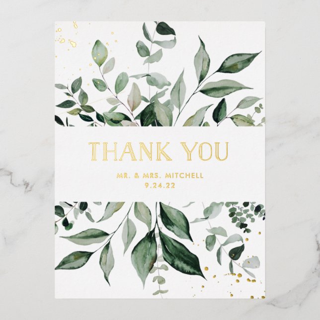 Wild Greenery | White and Gold Thank You Foil Invitation Postcard (Front)