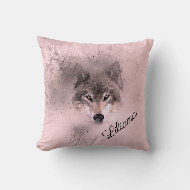 Wild Grey Wolf in Pink Throw Pillow (Front)