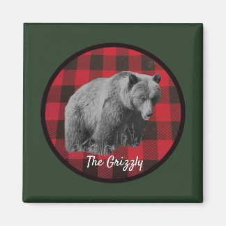 Wild Grizzly Bear Buffalo Plaid Magnet