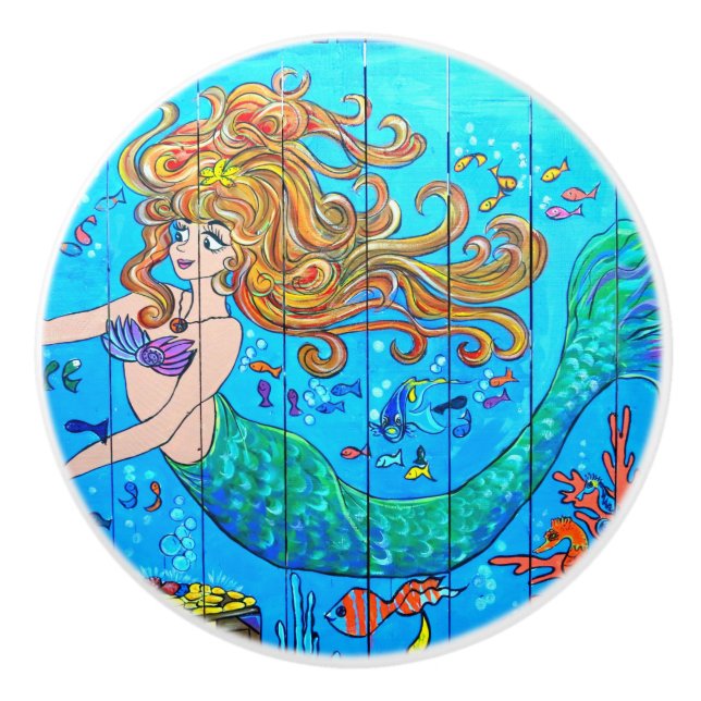 wild-haired mermaid ceramic knob (Front)