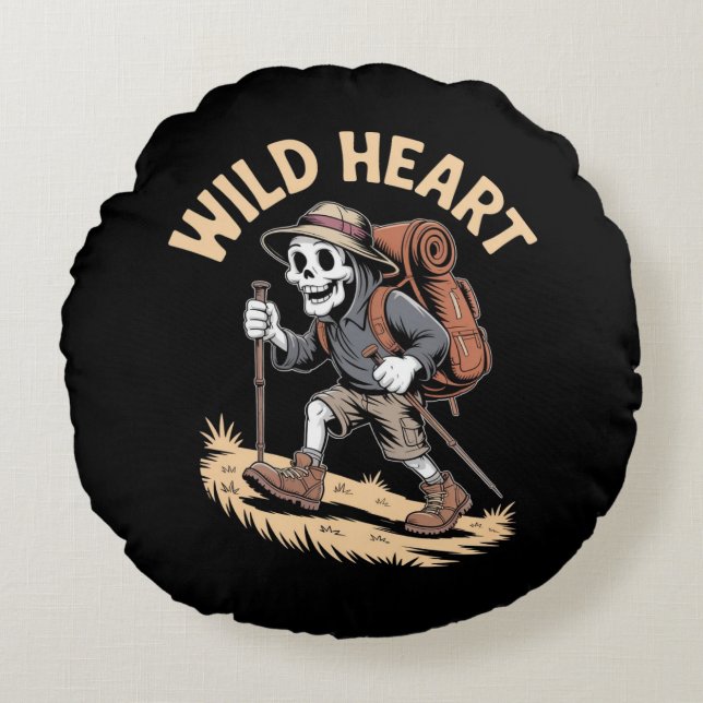 Wild Heart  – Adventurer Skeleton Hiking Round Pillow (Front)