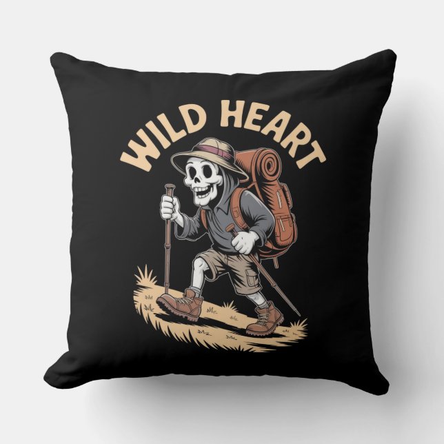 Wild Heart  – Adventurer Skeleton Hiking Throw Pillow (Front)