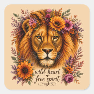 Wild Heart Free Spirit Boho Floral Lion Art Square Sticker
