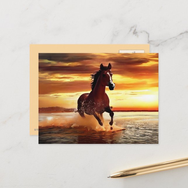Wild Horse Galloping Through Surf Postcard (Front/Back In Situ)