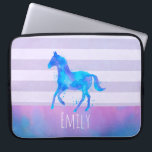 Wild Horse in Blue and Purple Watercolor Laptop Sleeve<br><div class="desc">A personalized laptop sleeve with a pretty watercolor horse in blue and purple colours. Running wild and free. Set on a horizontal purple striped background. A blue and pink watercolor border layered across the bottom.</div>