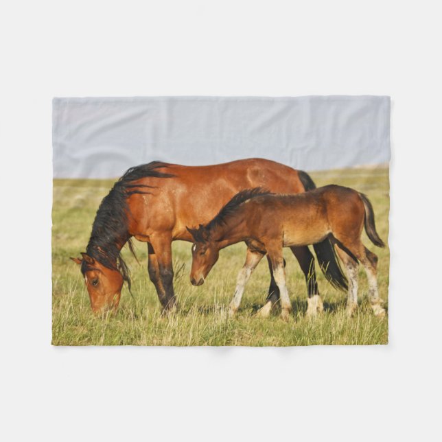 Wild Horse Mother and Colt Grazing Fleece Blanket (Front (Horizontal))