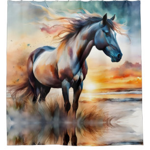 Wild Horse on Grassy Dune at Sunset 