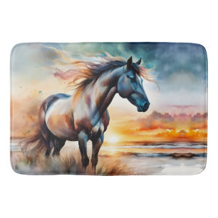 Wild Horse on Grassy Dune at Sunset  Bath Mat