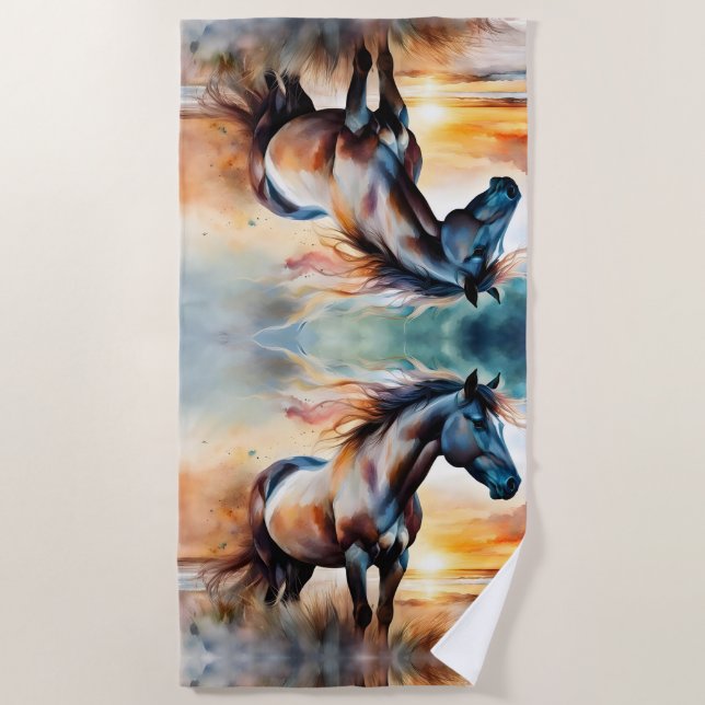 Wild Horse on Grassy Dune at Sunset  Beach Towel (Front)