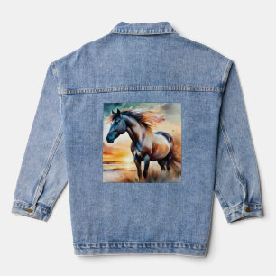 Wild Horse on Grassy Dune at Sunset Denim Jacket