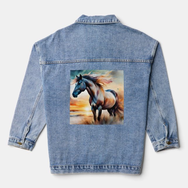 Wild Horse on Grassy Dune at Sunset  Denim Jacket (Back)