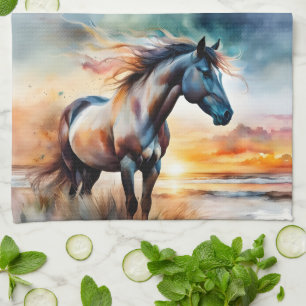 Wild Horse on Grassy Dune at Sunset Kitchen Towel