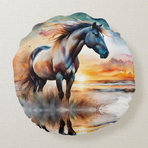 Wild Horse on Grassy Dune at Sunset Round Pillow