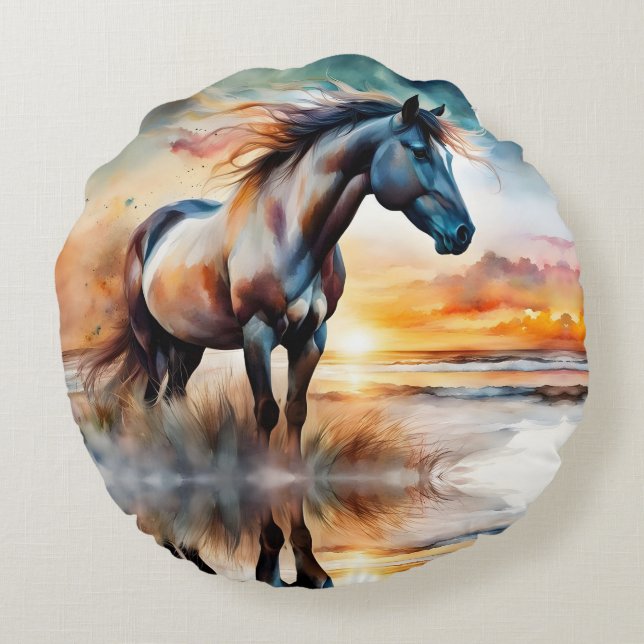 Wild Horse on Grassy Dune at Sunset Round Pillow (Back)