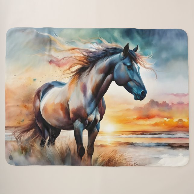 Wild Horse on Grassy Dune at Sunset Sherpa Blanket (Front (Horizontal))