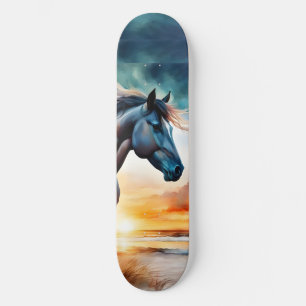 Wild Horse on Grassy Dune at Sunset Skateboard