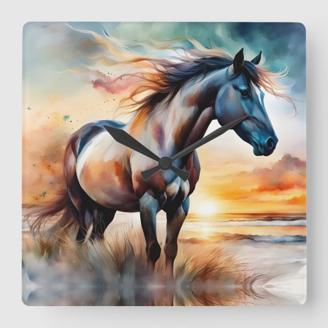 Wild Horse on Grassy Dune at Sunset  Square Wall Clock (Front)