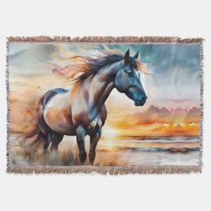 Wild Horse on Grassy Dune at Sunset Throw Blanket