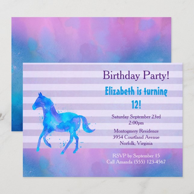 Wild Horse  Watercolor Horizontal Stripes Birthday Invitation (Front/Back)