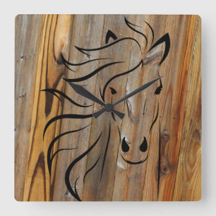 Wild Horse Wood Plank Square Wall Clock