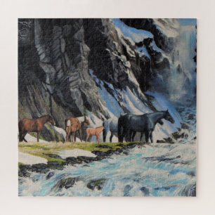 Wild horses, foals by mountain spring river jigsaw puzzle