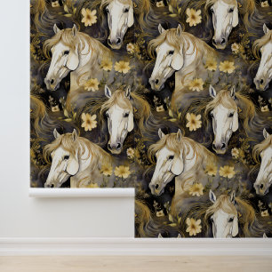 Wild Horses Gold Flowing Mane Floral Wallpaper