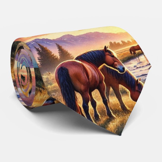 Wild Horses Grazing at Sunset Mens Neck Tie (Rolled)