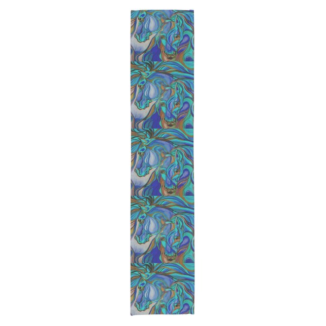 Wild Horses In Brown and Teal Short Table Runner (Front)