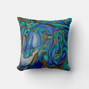 Wild Horses In Brown and Teal Throw Pillow