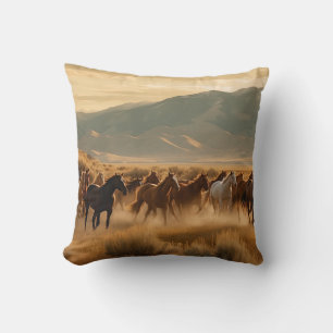 Wild Horses in Golden Field Throw Pillow