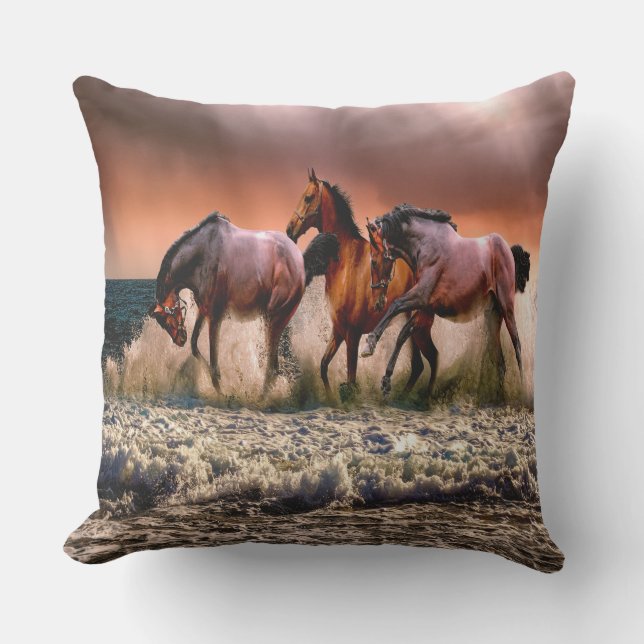 Wild Horses Lake Adventure Throw Pillow (Front)