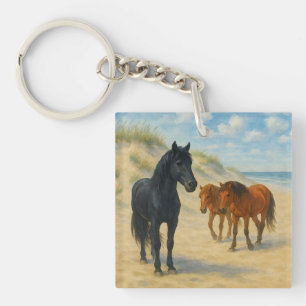 Wild Horses of Corolla North Carolina Watercolor Keychain