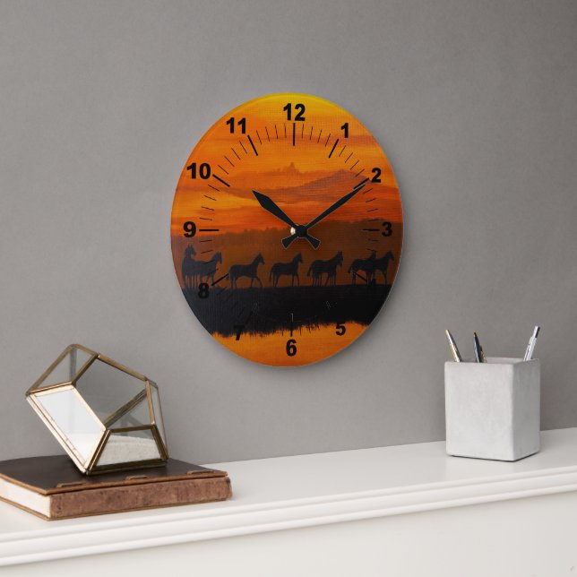 Wild Horses of Montana Painting by Alfred Fox Large Clock (Office)