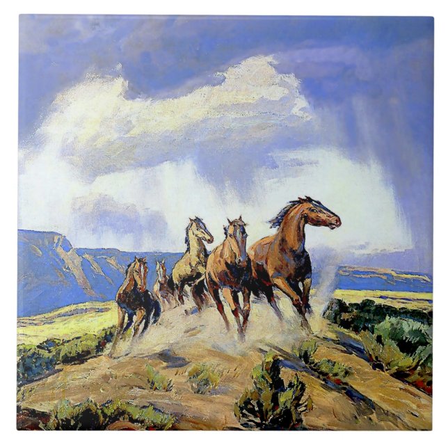 “Wild Horses of Nevada” by Carl Oscar Borg Tile (Front)