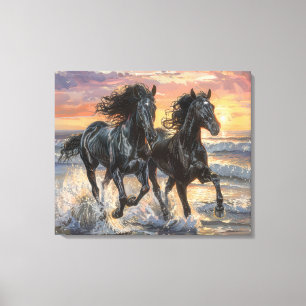 Wild Horses on a Beach at Sunset Canvas Print