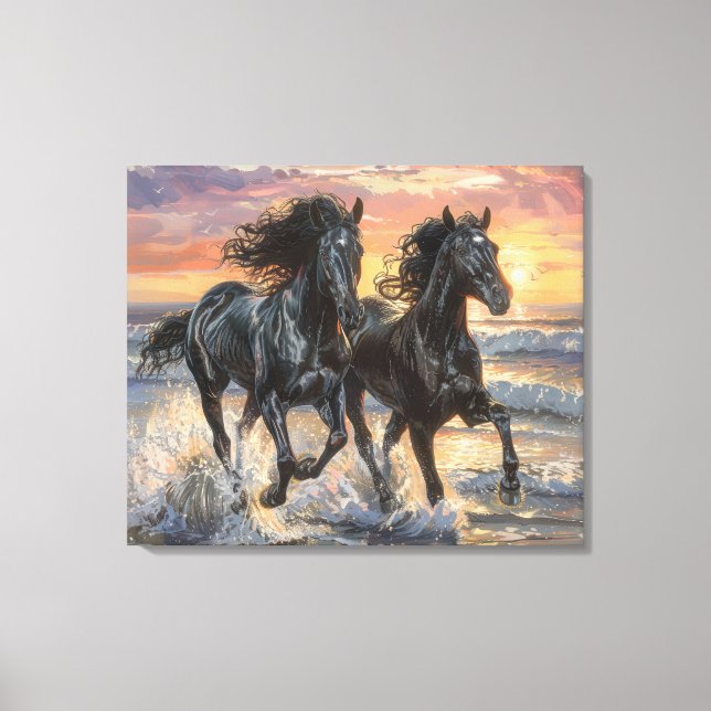 Wild Horses on a Beach at Sunset Canvas Print (Front)