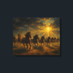 Wild Horses Running Canvas Print<br><div class="desc">A stunning horizontal landscape featuring a herd of horses galloping through a misty,  golden sunrise.</div>